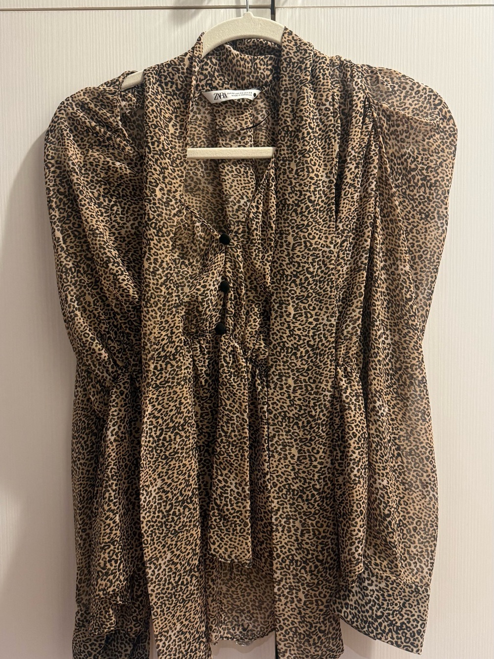 Zara Tan and Black Leopard-Print Tie-Neck Blouse